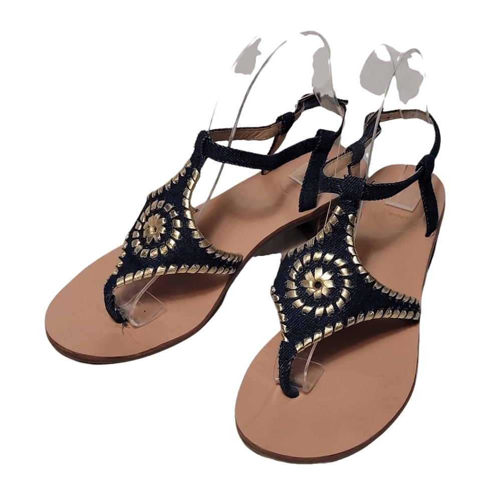 Jack Rogers Denim Blue Gold Leather Navajo Gladiator Sandals - Picture 2 of 10